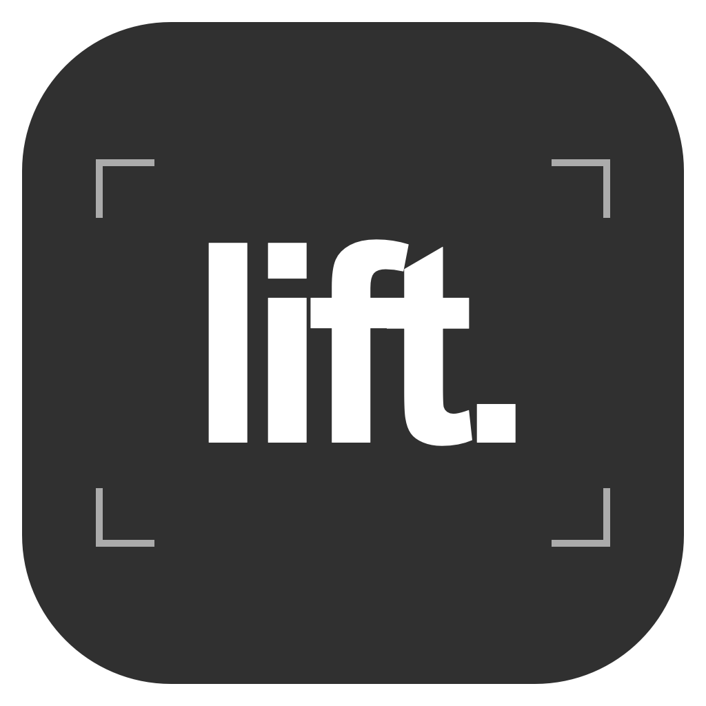 Lift’s charcoal square icon with white wordmark and selection corners